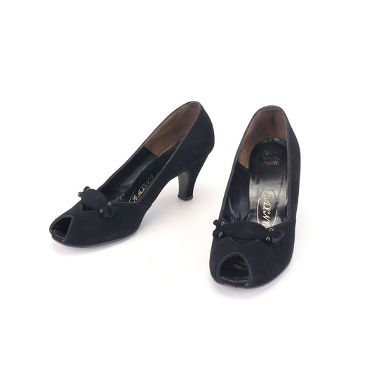 1950s Black Suede Peep Toe Pumps by Rayne UK 6.5