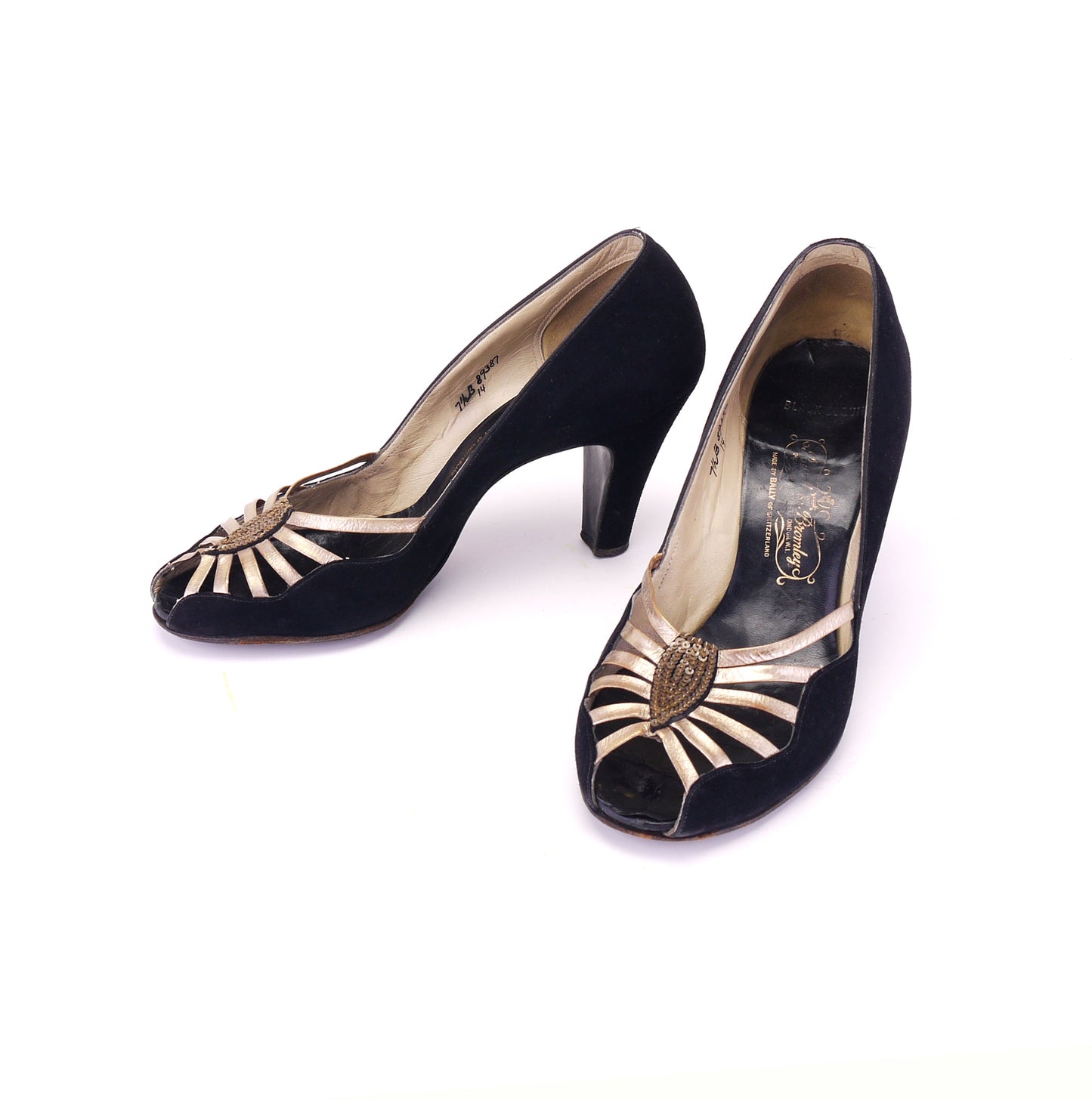 1940s / 50s Black n Gold Peep Toe Pumps by Russell & Bromley UK 5