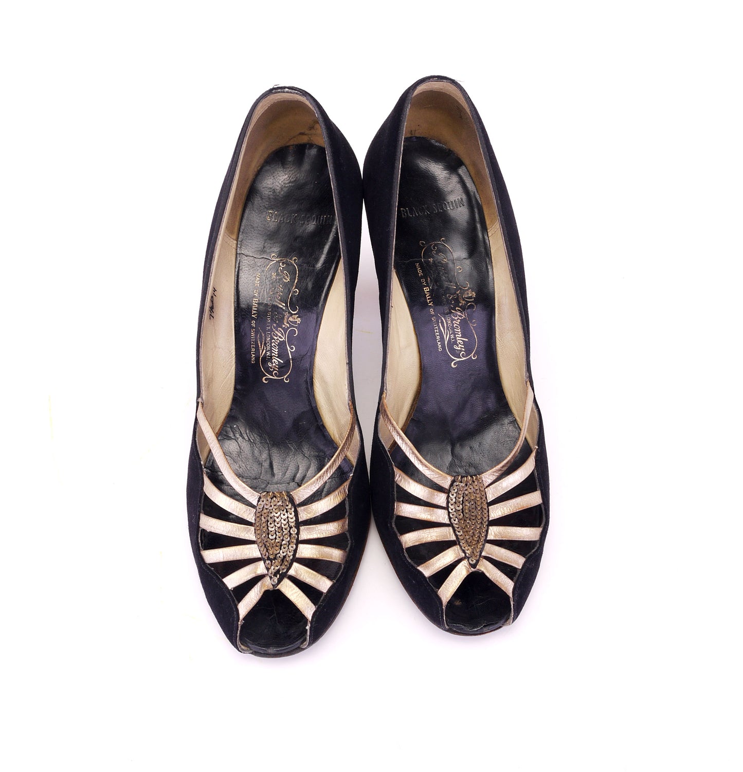 1940s / 50s Black n Gold Peep Toe Pumps by Russell & Bromley UK 5