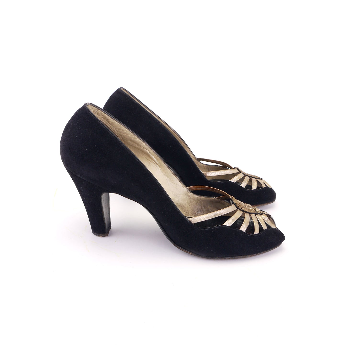 1940s / 50s Black n Gold Peep Toe Pumps by Russell & Bromley UK 5