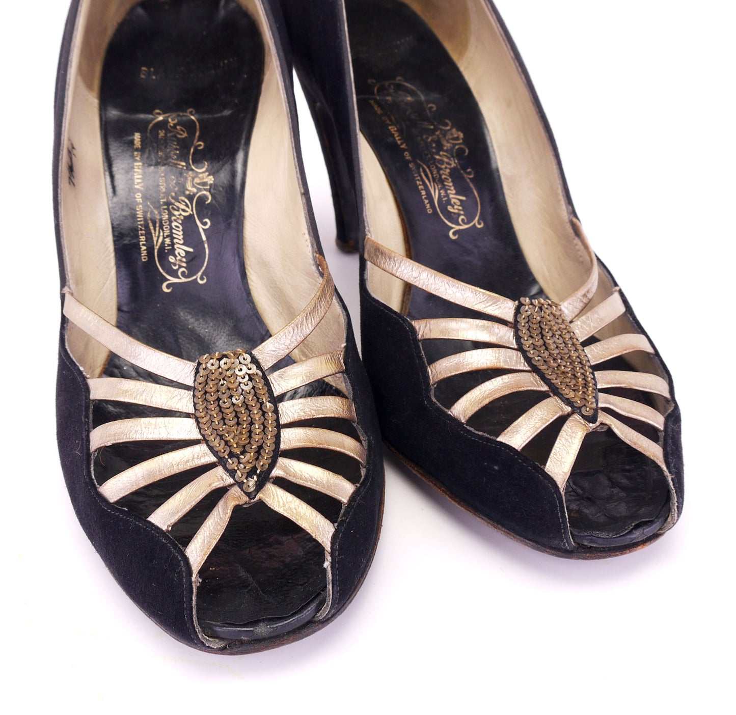 1940s / 50s Black n Gold Peep Toe Pumps by Russell & Bromley UK 5