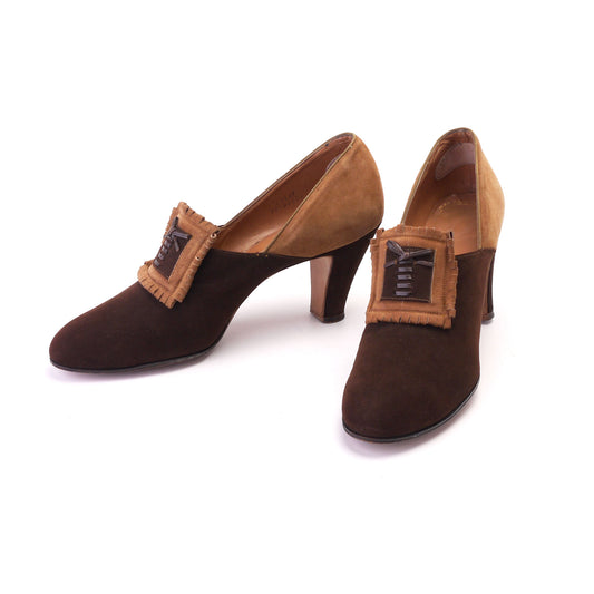 Gorgeous 1930s Brown & Sand Rice O'Neill Pumps UK 6N