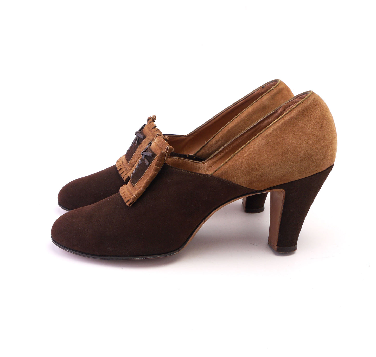 Gorgeous 1930s Brown & Sand Rice O'Neill Pumps UK 6N