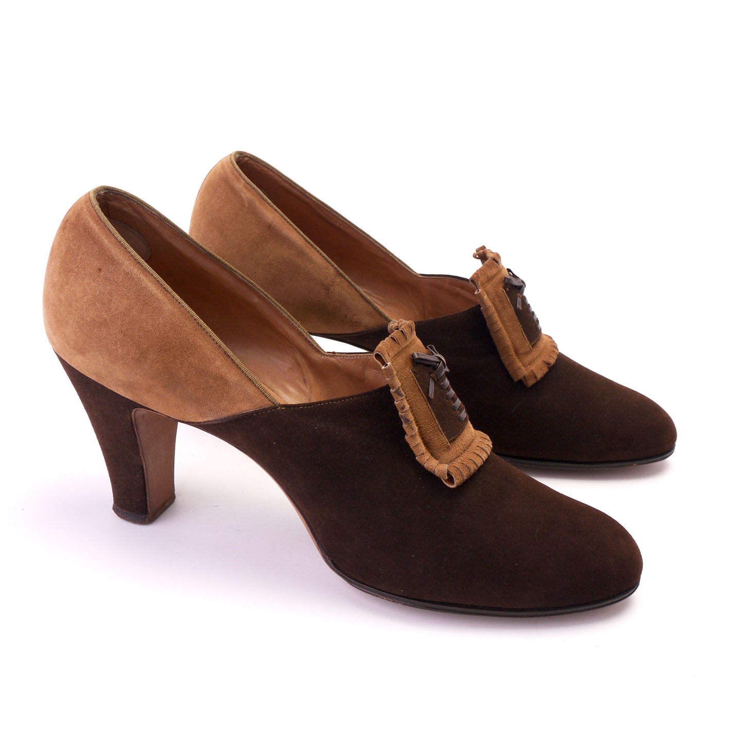 Gorgeous 1930s Brown & Sand Rice O'Neill Pumps UK 6N