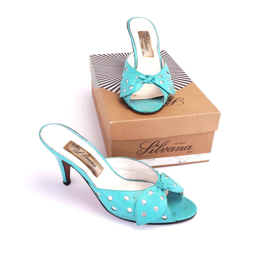Turquoise & Silver 80s Polka Dot Mules by Silvana UK 5