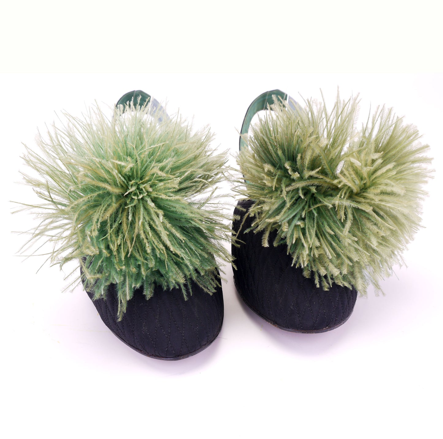 1930s Black & Apple Green Slippers w Feathers UK 6