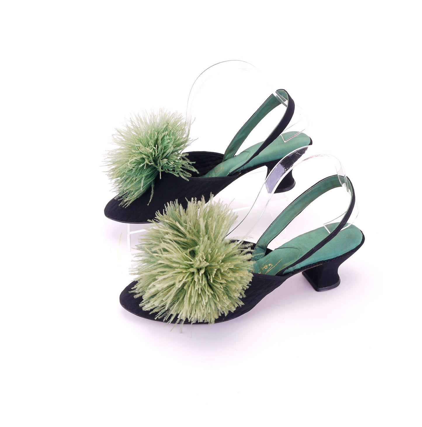 1930s Black & Apple Green Slippers w Feathers UK 6