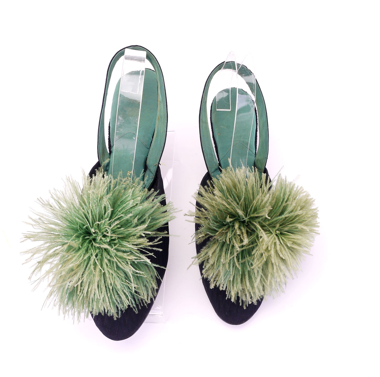 1930s Black & Apple Green Slippers w Feathers UK 6