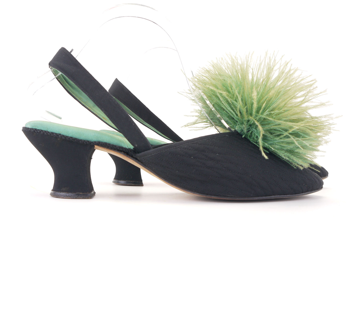 1930s Black & Apple Green Slippers w Feathers UK 6