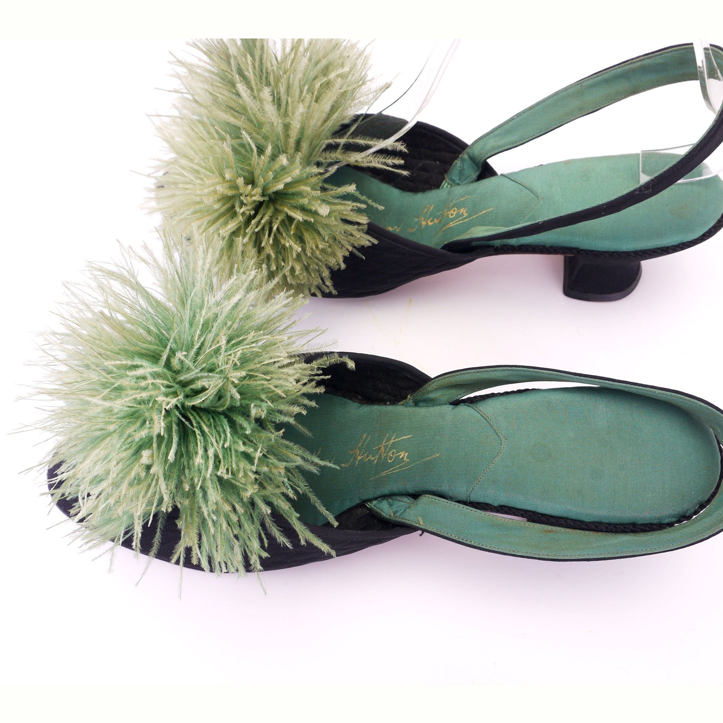 1930s Black & Apple Green Slippers w Feathers UK 6