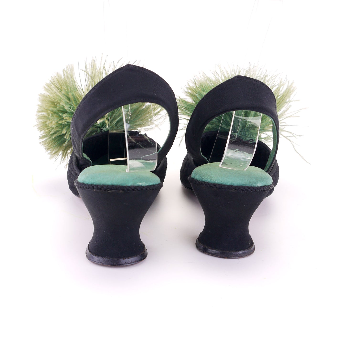 1930s Black & Apple Green Slippers w Feathers UK 6
