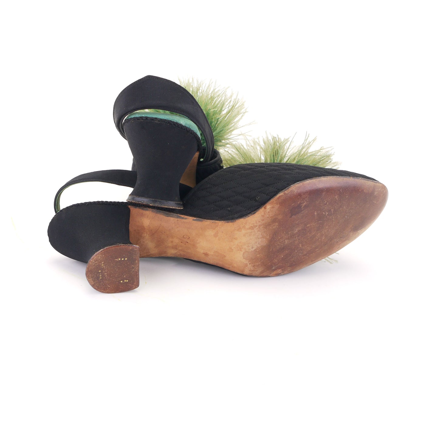 1930s Black & Apple Green Slippers w Feathers UK 6
