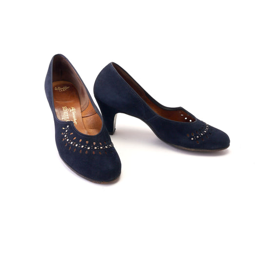 1950s Navy Suede Cocktail Pumps by Troylings UK 4.5