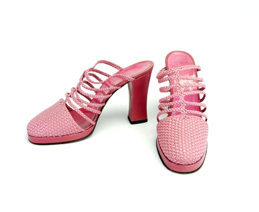 1970s Vaccari Dull Rose Woven Platforms UK 5.5