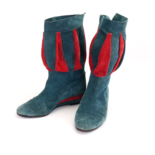 1980s Italian Sea Green & Red Suede Boots UK 4