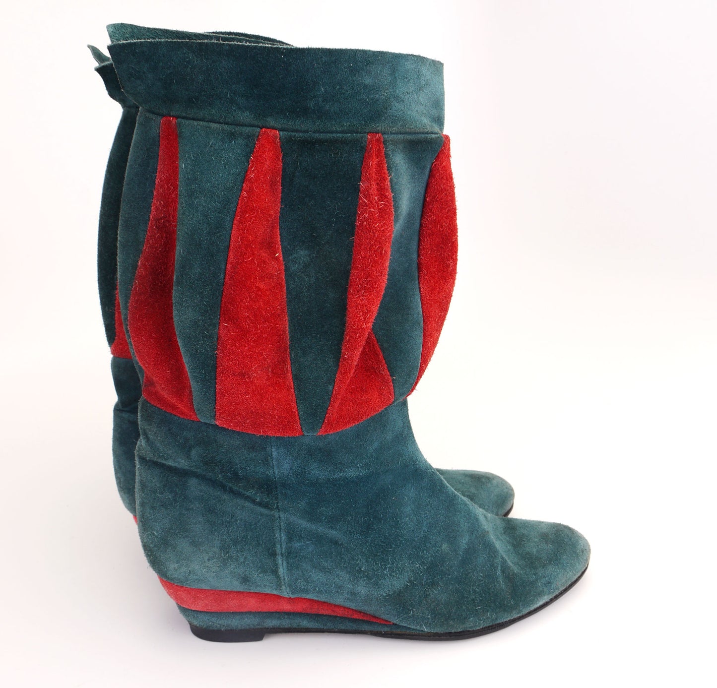 1980s Italian Sea Green & Red Suede Boots UK 4