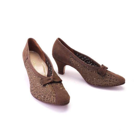 1950s Brown Suede and Lace Pumps by Van Dal UK 4