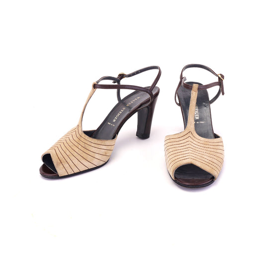 1970s Beige & Brown T Bar Sandals by Pancaldi UK 6