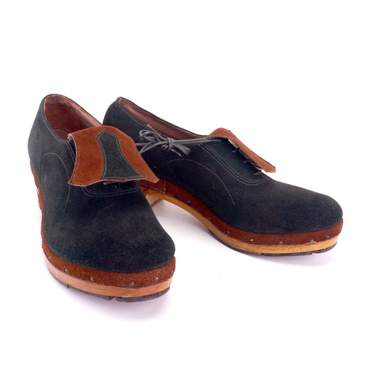 1940s WW2 Unworn Woodies Green Suede Clogs UK 5
