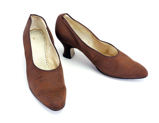 1920s Chestnut Brown Ottoman Silk Pumps VGC UK 4.5