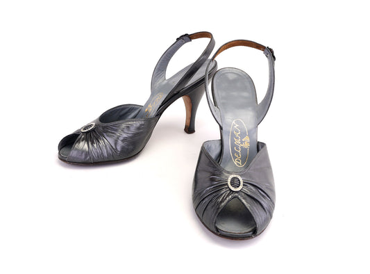 Delman Pewter Metallic 1950s Slingback Sandals UK 5.5