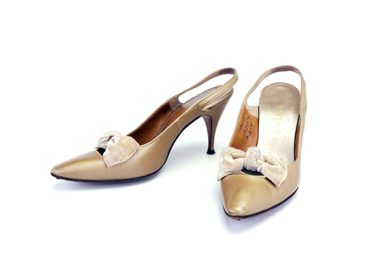 Andrew Geller 1960s Gold Slingbacks w Velvet Bow UK 3