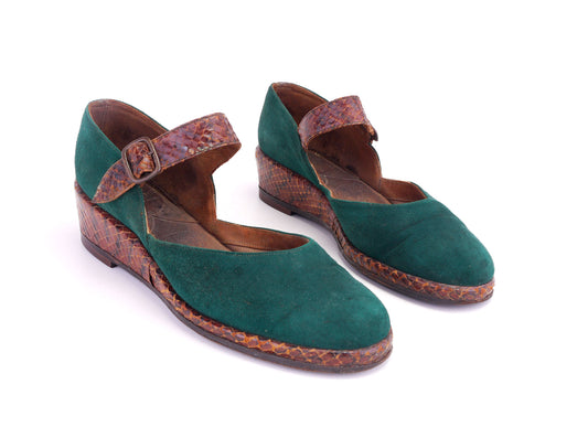1940s Tan & Green Kumfees Low Wedges UK 2