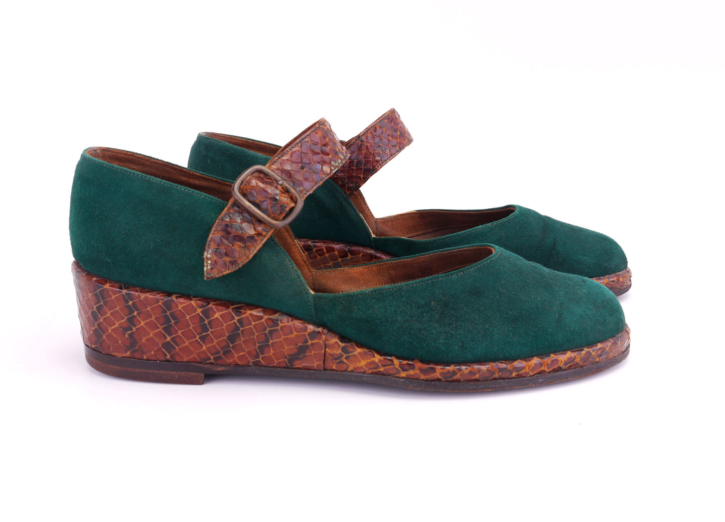 1940s Tan & Green Kumfees Low Wedges UK 2
