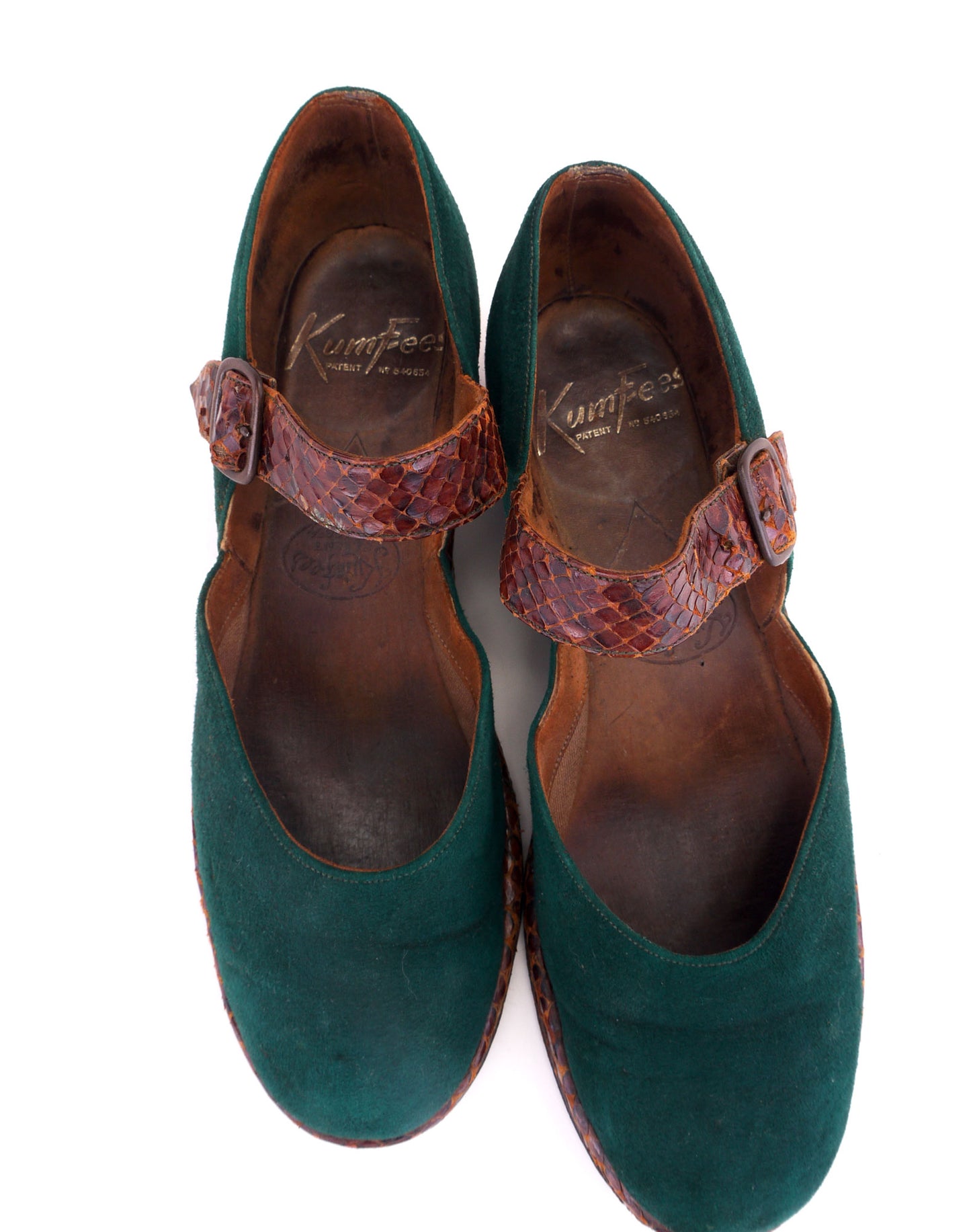 1940s Tan & Green Kumfees Low Wedges UK 2