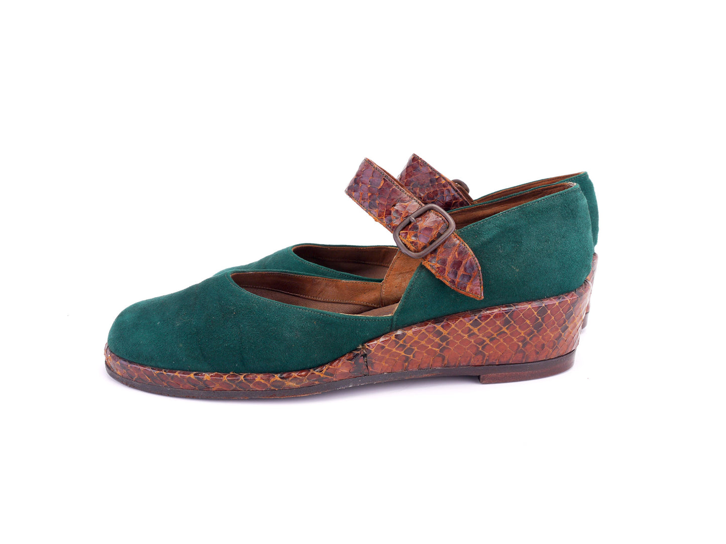 1940s Tan & Green Kumfees Low Wedges UK 2