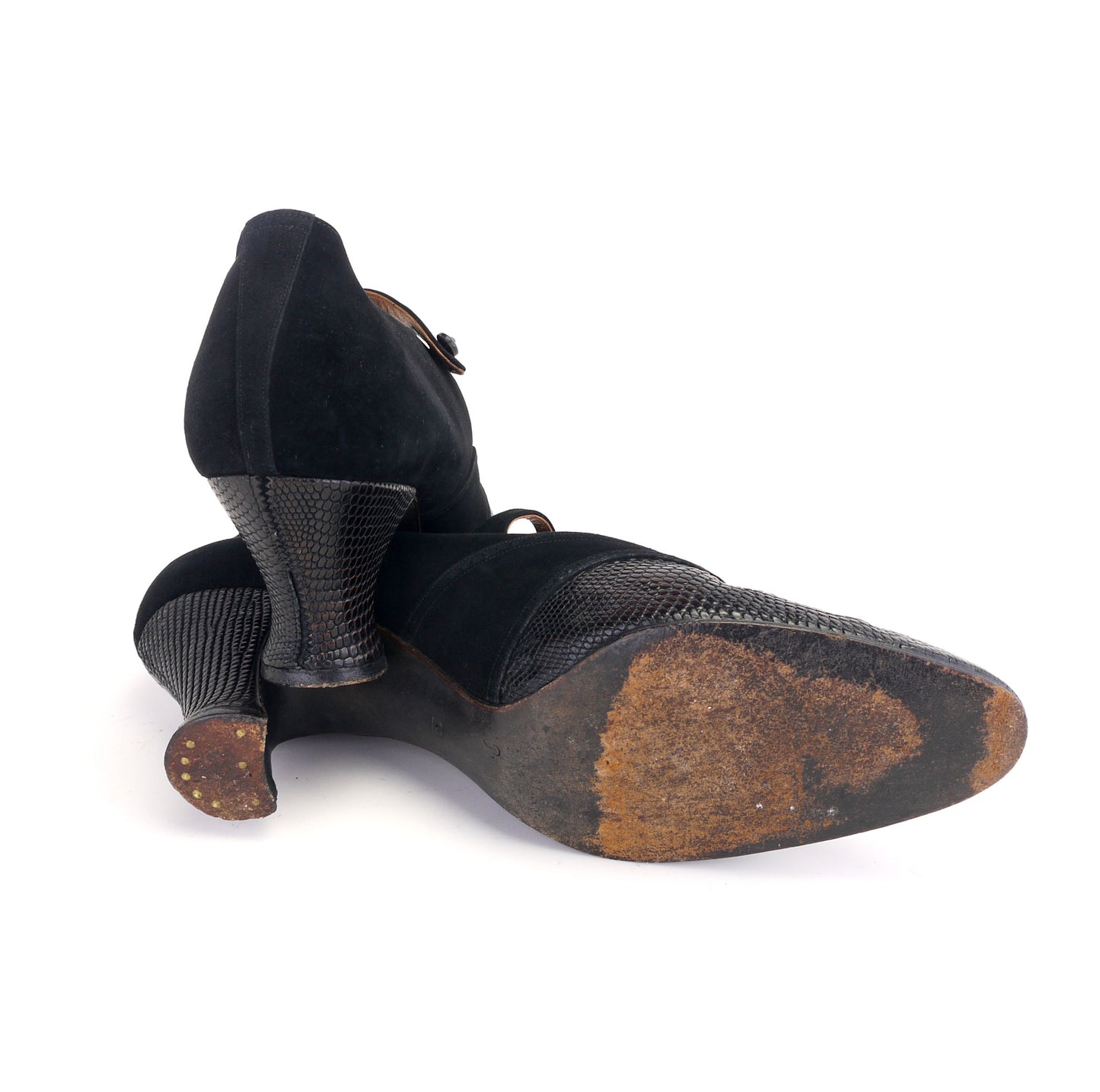 1920s Black Suede & Leather Bar Shoes UK 4