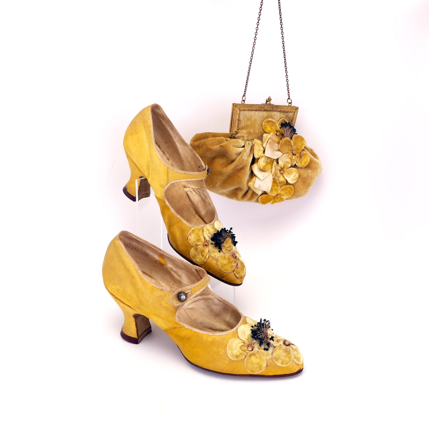 Rare 1920s Shoes & Bag Set Yellow Floral Mary Janes UK 3