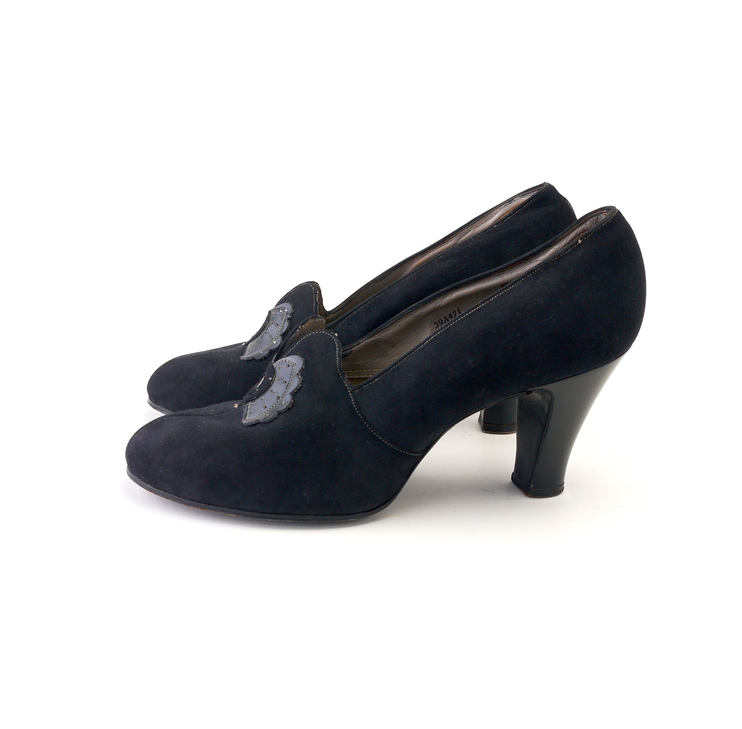 1930s Black Suede Pumps w Patent Heels UK 6