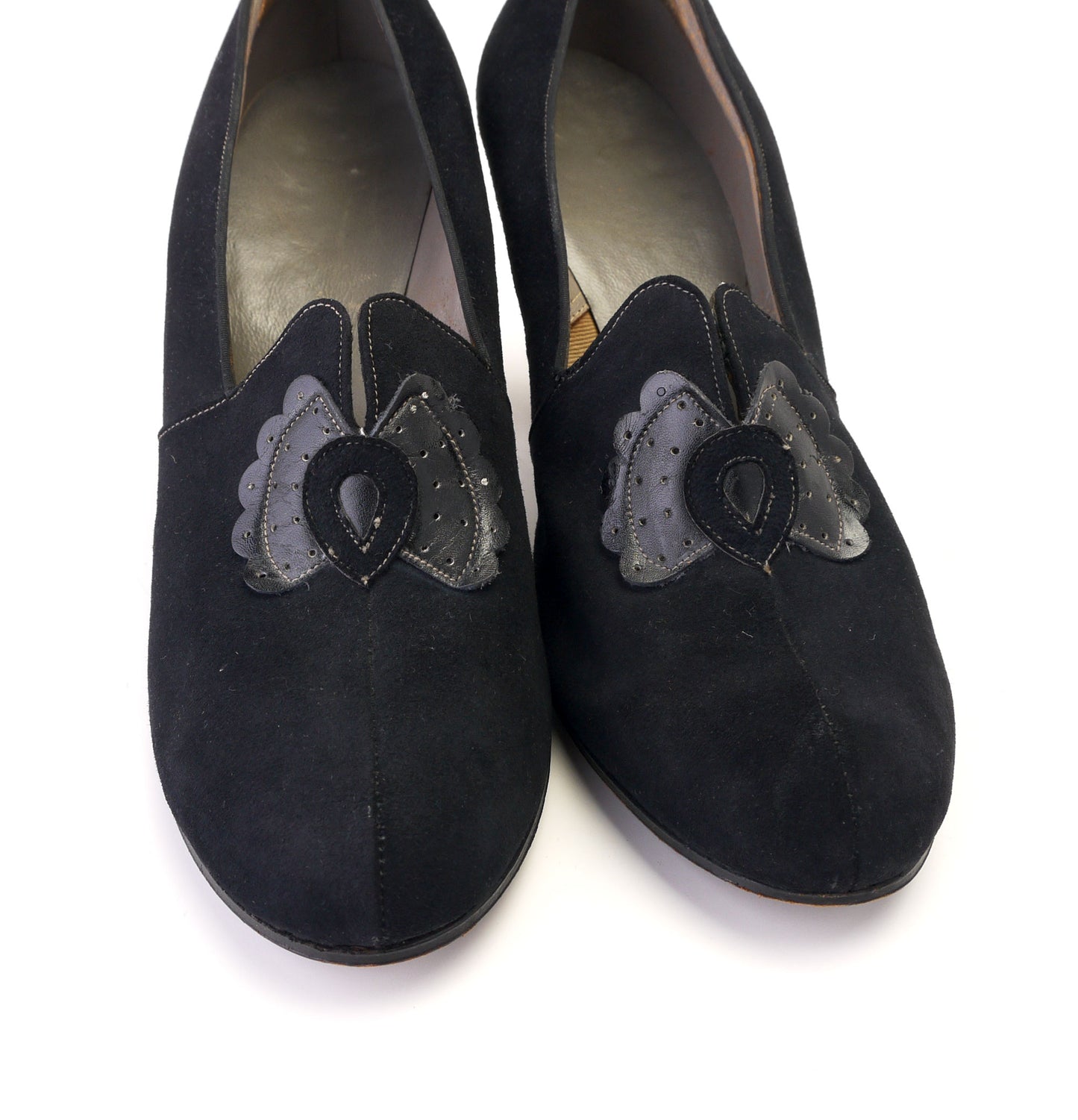 1930s Black Suede Pumps w Patent Heels UK 6