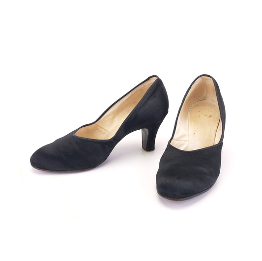 1930s Black Silk Satin Pumps UK 4