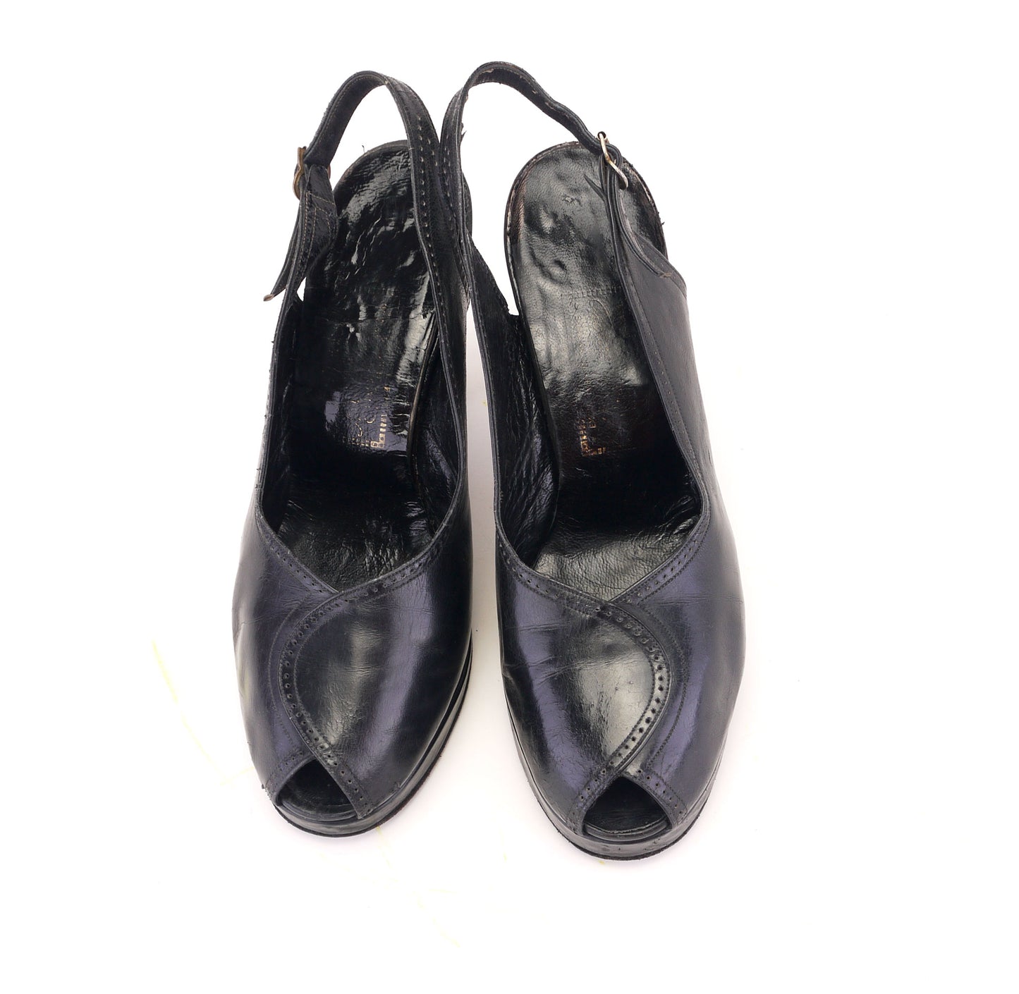 1940s Hand Made Black Platform Slingbacks UK 6