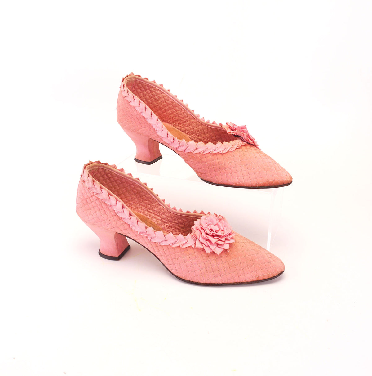 1920s Pink Quilted Slipper with Rosette UK 5