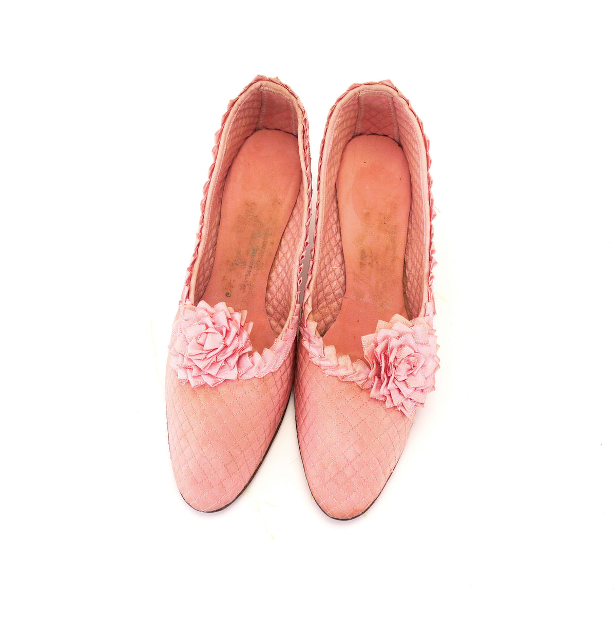 1920s Pink Quilted Slipper with Rosette UK 5