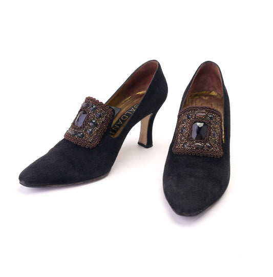 90s Renaissance Style Black Suede Pumps by Baldan Size 7