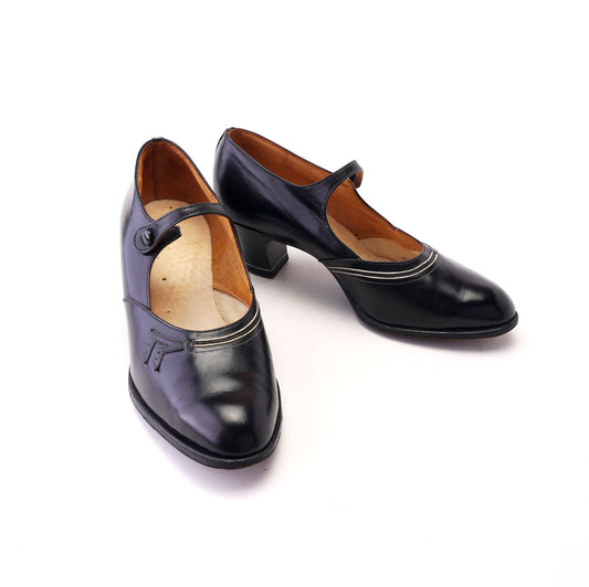 1920s Black Glacé Bar Shoes with Deco Trim UK 4