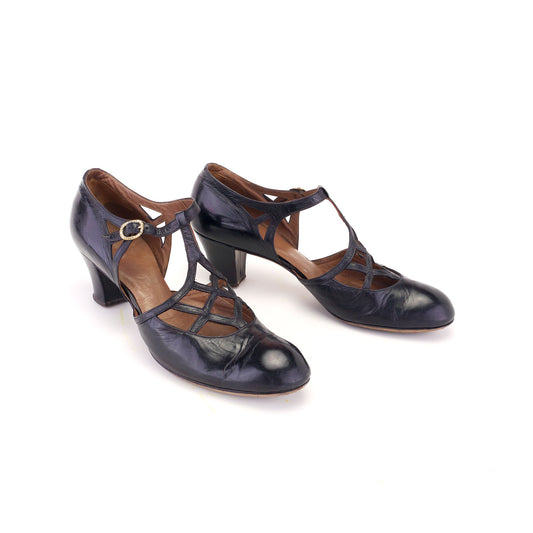 1930s Black T Bar Evening Shoes UK 6