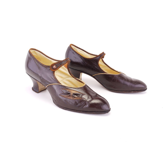 1920s Brown Bar Shoes with Slashed Trim UK 5