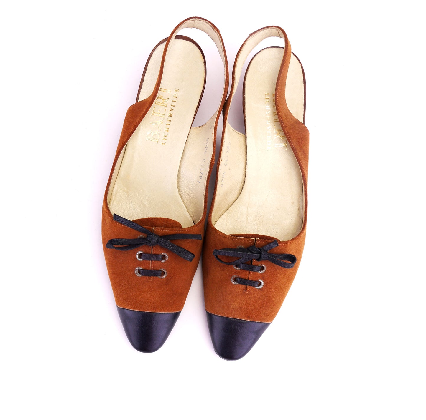 1960s Unworn Tan & Black Flat Slingbacks by Baert UK 6.5