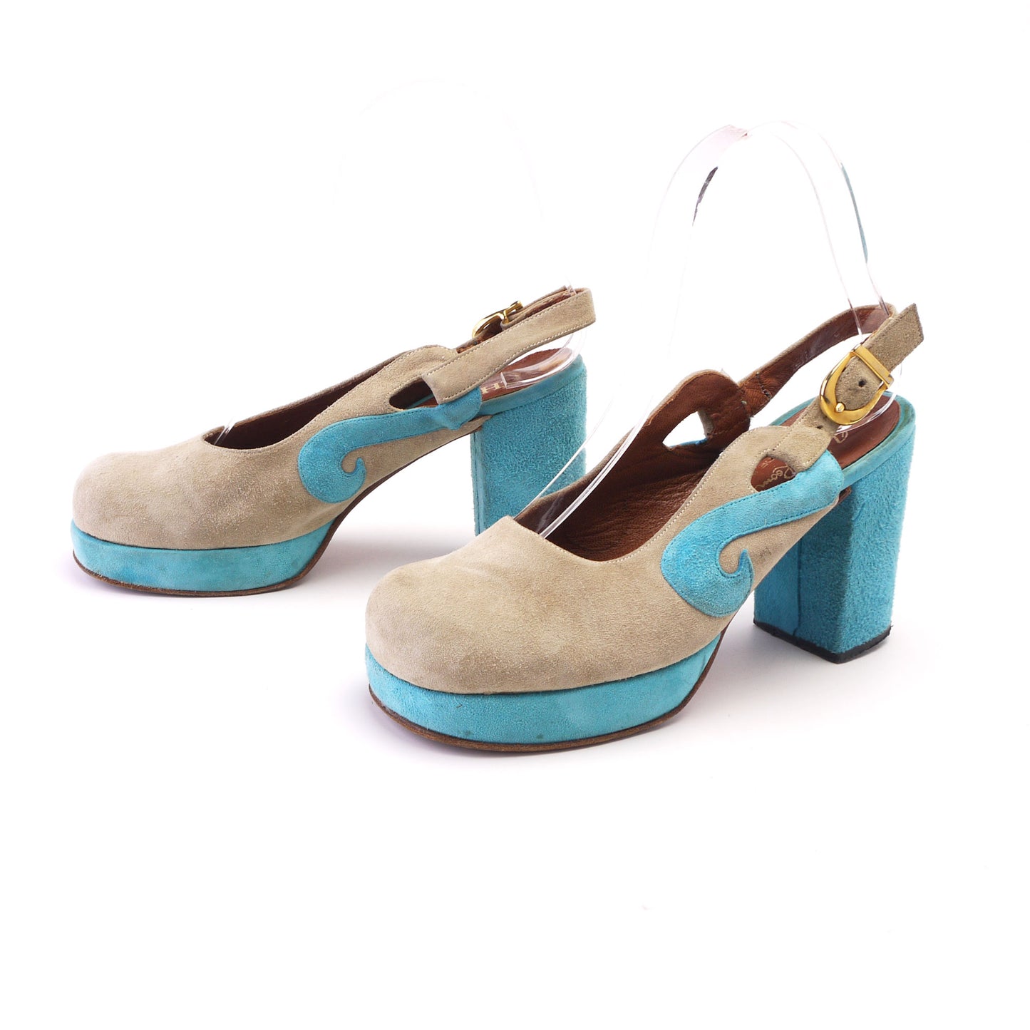 Super Cute Early 70s Chandlers Beige Turquoise Platforms UK 1.5