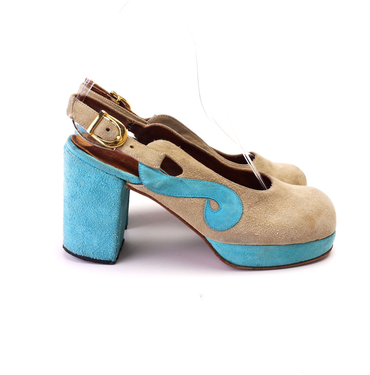 Super Cute Early 70s Chandlers Beige Turquoise Platforms UK 1.5