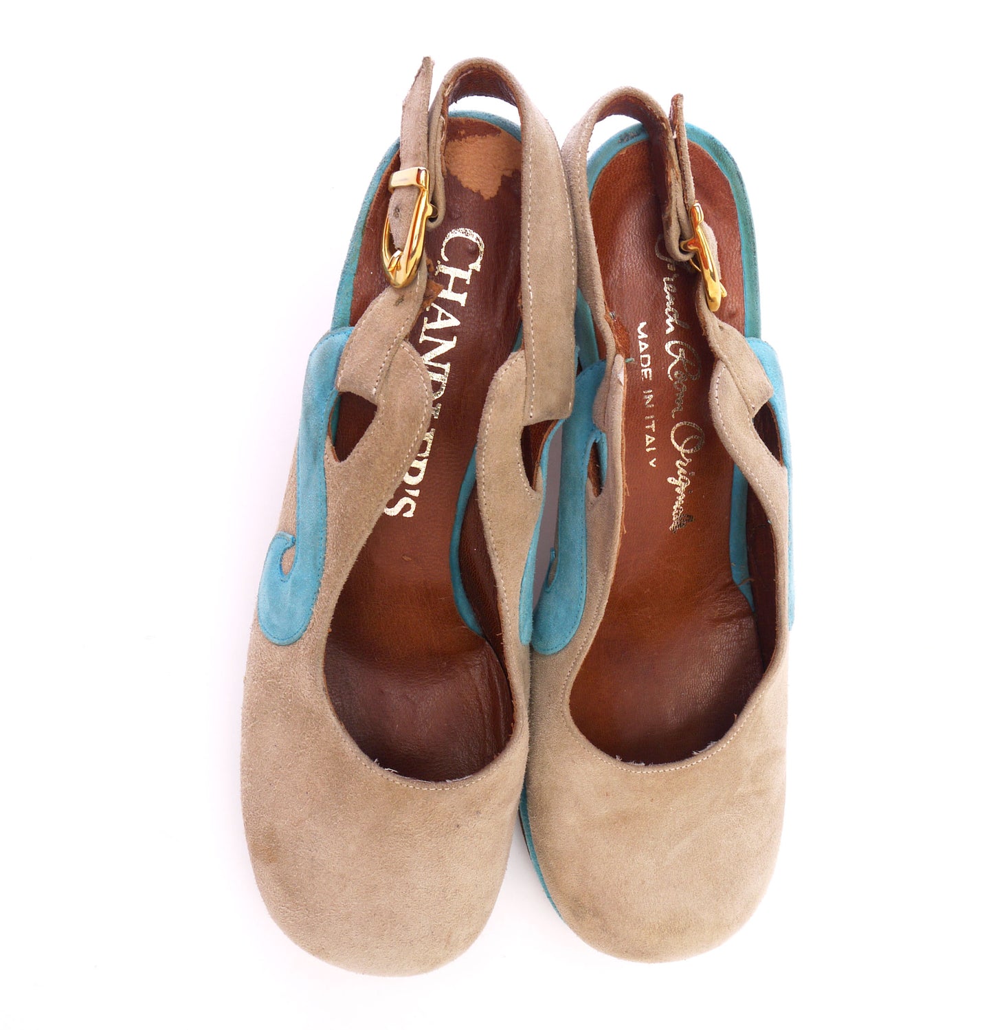 Super Cute Early 70s Chandlers Beige Turquoise Platforms UK 1.5