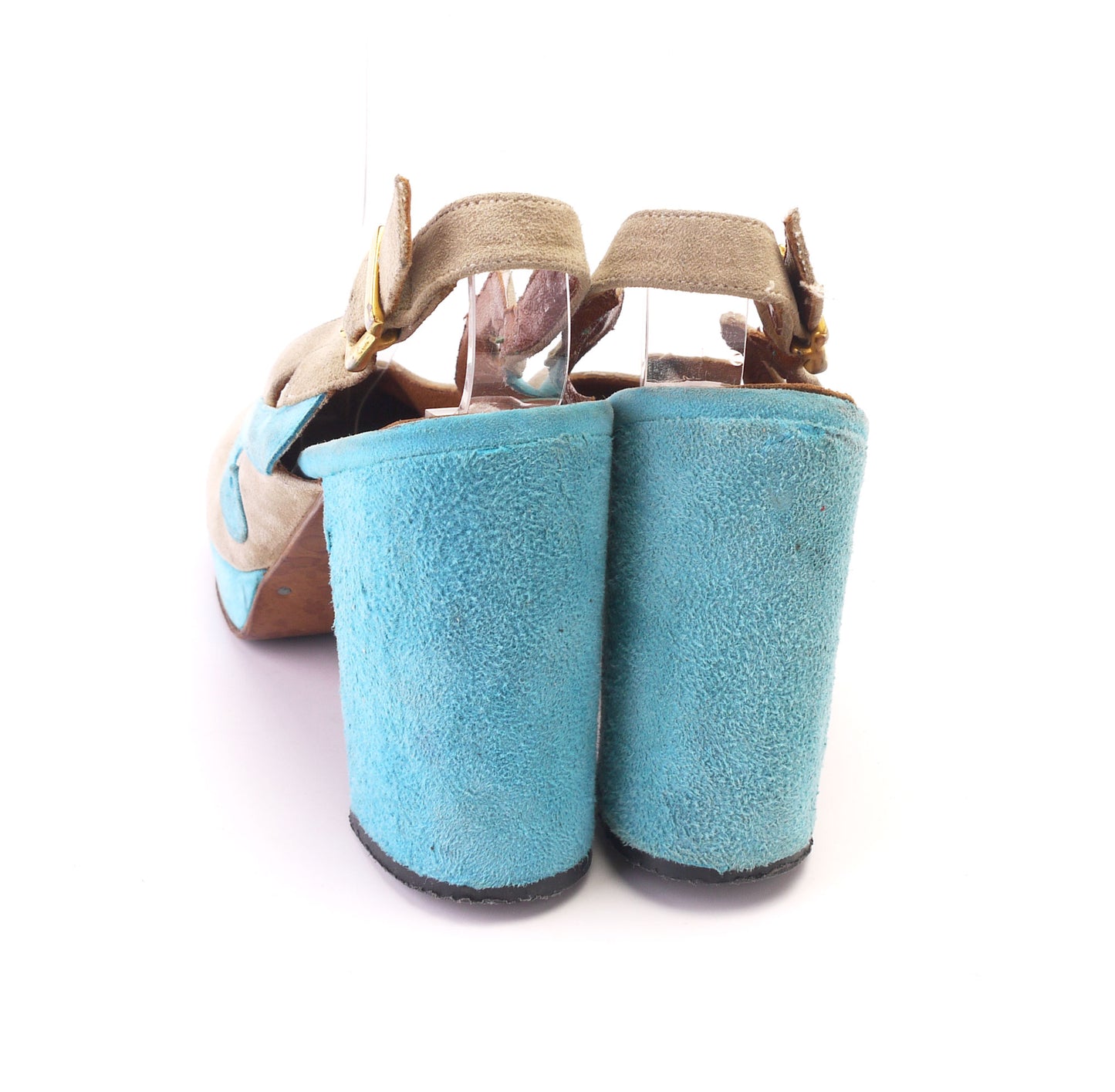 Super Cute Early 70s Chandlers Beige Turquoise Platforms UK 1.5