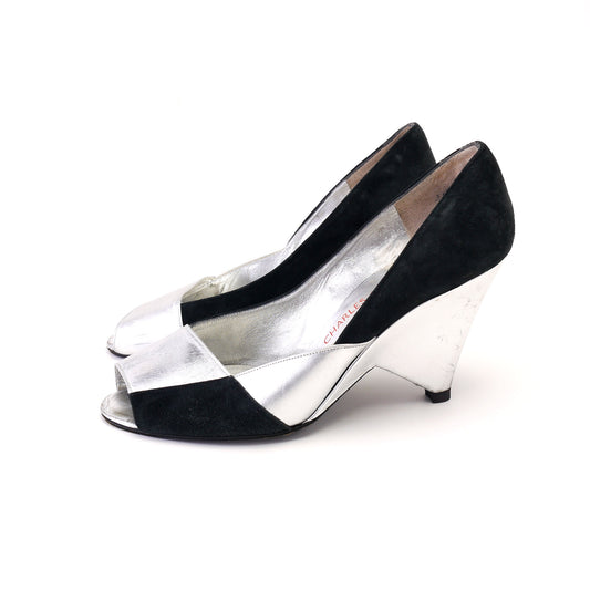 1983 Charles Jourdan Black & Silver Wedges UK 6