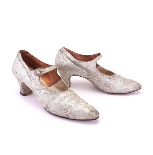 Superb 1920s Silver Brocade Bar Shoes by Clarks UK 6