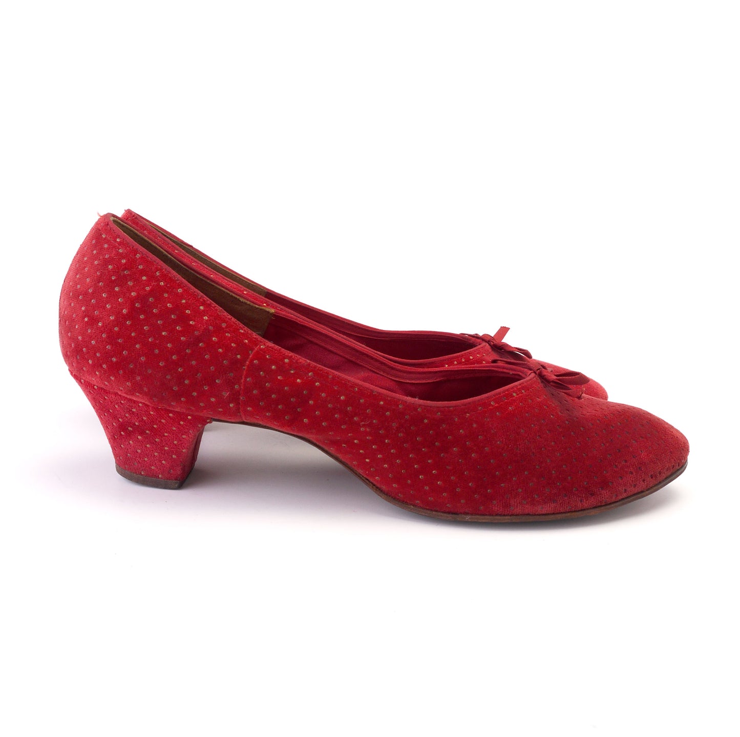 1950s Red Velvet Gold Pin Dot Cocktail House Shoes UK 7